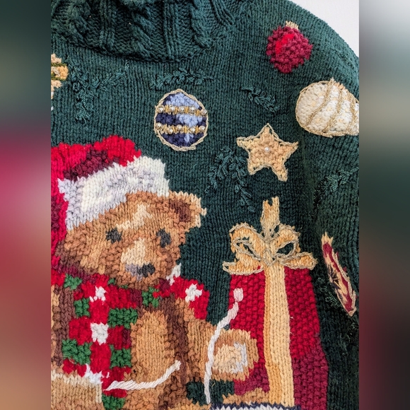 Vintage Fashion Bug Green Holiday Ugly Christmas Sweater Teddy Bear Size Large - Picture 9 of 15